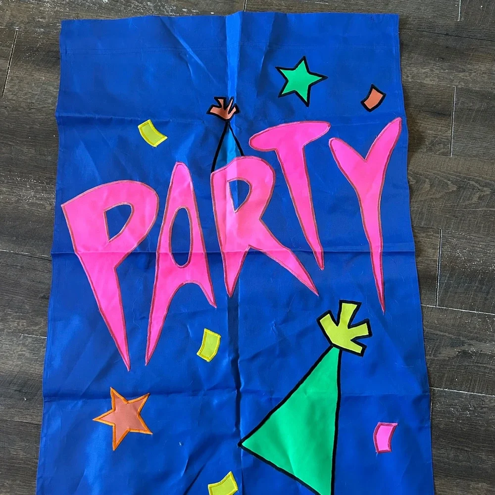 Vintage Style Party Garden Flag Blue Neon Pink Applique Celebration 28x40
